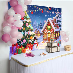 Lofaris Festive Christmas Winter Village Backdrop, Gingerbread House and Snowman Scene Background for Holiday Party Decor