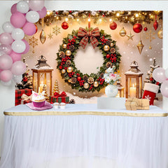 Lofaris Festive Red and Gold Christmas Backdrop with Wreath and Lanterns, Cozy Winter Scene Photography Background for Holiday Decor