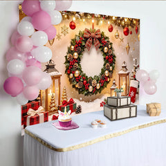 Lofaris Festive Red and Gold Christmas Backdrop with Wreath and Lanterns, Cozy Winter Scene Photography Background for Holiday Decor