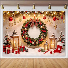 Lofaris Festive Red and Gold Christmas Backdrop with Wreath and Lanterns, Cozy Winter Scene Photography Background for Holiday Decor