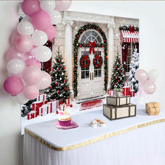 Lofaris Snowy Christmas House Entrance Backdrop with Gifts and Red Decorations, Elegant Winter Holiday Background for Family Photoshoot