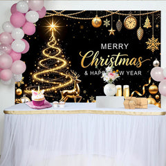 Lofaris Elegant Black and Gold Christmas Backdrop with Glowing Tree and Reindeer, Festive Happy New Year Party Background for Photoshoot