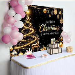 Lofaris Elegant Black and Gold Christmas Backdrop with Glowing Tree and Reindeer, Festive Happy New Year Party Background for Photoshoot