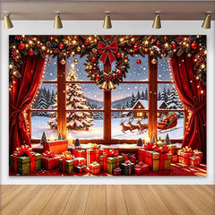 Lofaris Cozy Christmas Window Backdrop with Santa, Reindeer, and Gifts, Snowy Winter Scene Background for Holiday Party Decor