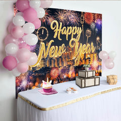 Lofaris Sparkling Gold Happy New Year Backdrop with Cityscape and Vibrant Light Bursts, Festive Party Background for Event Photography