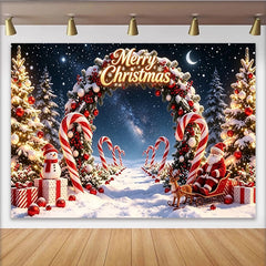 Lofaris Merry Christmas Snowy Night Backdrop with Santa, Pine Trees and Candy Canes, Festive Background for Winter Holiday Celebration