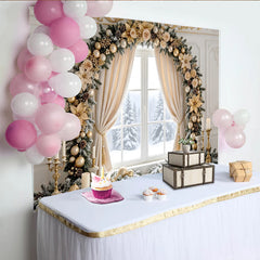 Lofaris Elegant Gold Christmas Window Backdrop with Festive Garland and Ornaments, Luxurious Winter Holiday Background for Family Decor