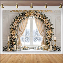 Lofaris Elegant Gold Christmas Window Backdrop with Festive Garland and Ornaments, Luxurious Winter Holiday Background for Family Decor