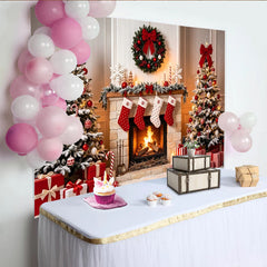 Lofaris Cozy Christmas Fireplace Backdrop with Snow Dusted Trees and Gifts, Festive Holiday Background for Family Photos and Winter Decor