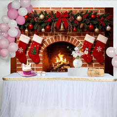 Lofaris Cozy Christmas Fireplace Backdrop with Stockings and Garland, Warm Holiday Background for Family Photos and Winter Decor.