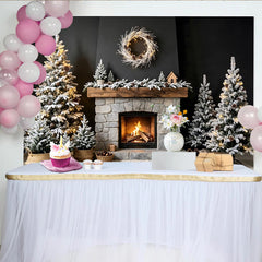 Lofaris Cozy Christmas Fireplace Backdrop with Snowy Trees and Warm Lights, Elegant Winter Holiday Background for Family Photoshoot