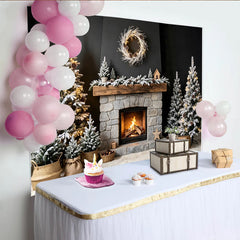 Lofaris Cozy Christmas Fireplace Backdrop with Snowy Trees and Warm Lights, Elegant Winter Holiday Background for Family Photoshoot