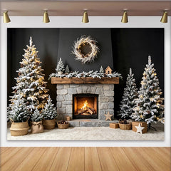 Lofaris Cozy Christmas Fireplace Backdrop with Snowy Trees and Warm Lights, Elegant Winter Holiday Background for Family Photoshoot