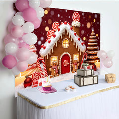 Lofaris Gingerbread House Christmas Backdrop with Candy Canes and Snowflakes, Festive Holiday Background for Winter Party Decor