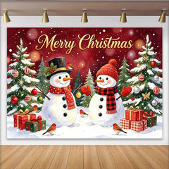 Lofaris Merry Christmas Snowman and Tree Holiday Backdrop with Festive Gifts and Falling Snow, Winter Wonderland Photo Background for Party