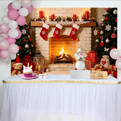Lofaris Cozy Christmas Fireplace Backdrop with Decorated Trees and Gifts, Festive Holiday Photography Background for Winter Party Decor