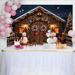 Lofaris Snowy Christmas Barn Photography Backdrop with Festive Garlands and Snowmen, Winter Wonderland Studio Background for Holiday Portraits