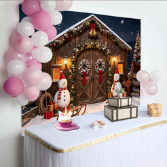 Lofaris Snowy Christmas Barn Photography Backdrop with Festive Garlands and Snowmen, Winter Wonderland Studio Background for Holiday Portraits