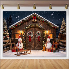 Lofaris Snowy Christmas Barn Photography Backdrop with Festive Garlands and Snowmen, Winter Wonderland Studio Background for Holiday Portraits