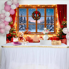 Lofaris Cozy Christmas Window Backdrop with Snowy Forest and Festive Decor, Winter Holiday Photography Background for Parties