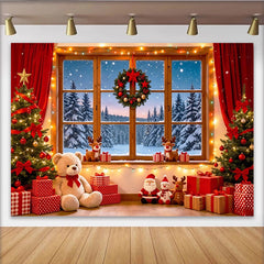 Lofaris Cozy Christmas Window Backdrop with Snowy Forest and Festive Decor, Winter Holiday Photography Background for Parties