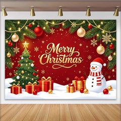 Lofaris Vibrant Merry Christmas Backdrop with Snowman, Tree and Gifts, Festive Holiday Background for Winter Party Decor and Photoshoot