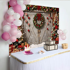 Lofaris Snowy Christmas Tree and Wreath Holiday Backdrop, Rustic Wooden Door Background for Winter Party