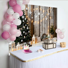 Lofaris Rustic Wood Christmas Tree Backdrop with White Stars and String Lights, Cozy Winter Holiday Background for Photography