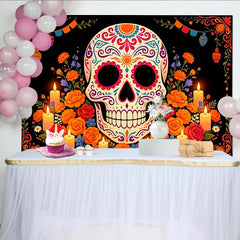 Lofaris Colorful Sugar Skull Day of the Dead Backdrop, Vibrant Mexican Fiesta Party Decor with Flowers and Candles.