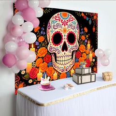 Lofaris Colorful Sugar Skull Day of the Dead Backdrop, Vibrant Mexican Fiesta Party Decor with Flowers and Candles.