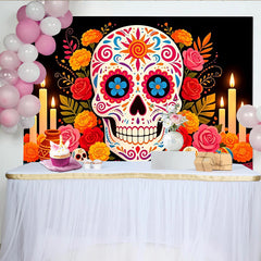 Lofaris Colorful Sugar Skull Mexican Fiesta Backdrop with Marigolds and Candles, Vibrant Day of the Dead Photography Background for Party Decor