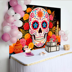 Lofaris Colorful Sugar Skull Mexican Fiesta Backdrop with Marigolds and Candles, Vibrant Day of the Dead Photography Background for Party Decor