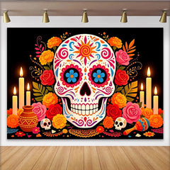 Lofaris Colorful Sugar Skull Mexican Fiesta Backdrop with Marigolds and Candles, Vibrant Day of the Dead Photography Background for Party Decor
