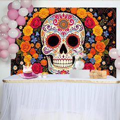 Lofaris Vibrant Sugar Skull Mexican Fiesta Backdrop with Colorful Flowers, Festive Day of the Dead Party Background for Celebration Decor