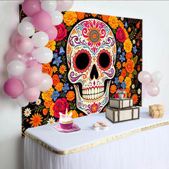 Lofaris Vibrant Sugar Skull Mexican Fiesta Backdrop with Colorful Flowers, Festive Day of the Dead Party Background for Celebration Decor