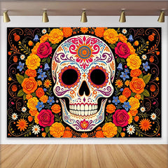 Lofaris Vibrant Sugar Skull Mexican Fiesta Backdrop with Colorful Flowers, Festive Day of the Dead Party Background for Celebration Decor
