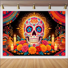 Lofaris Vibrant Sugar Skull Mexican Fiesta Backdrop with Colorful Flowers, Festive Party Decor for Holiday Event Photography