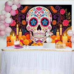 Lofaris Vibrant Sugar Skull Mexican Fiesta Backdrop with Marigold Flowers and Candles, Festive Day of the Dead Party Background Decor