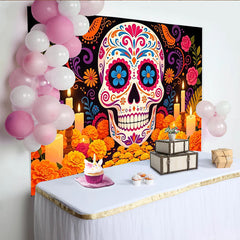 Lofaris Vibrant Sugar Skull Mexican Fiesta Backdrop with Marigold Flowers and Candles, Festive Day of the Dead Party Background Decor