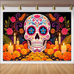 Lofaris Vibrant Sugar Skull Mexican Fiesta Backdrop with Marigold Flowers and Candles, Festive Day of the Dead Party Background Decor