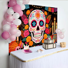 Lofaris Vibrant Mexican Fiesta Backdrop with Sugar Skull and Colorful Flowers, Festive Party Decor for Day of the Dead Celebration