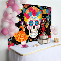 Lofaris Colorful Sugar Skull Mexican Fiesta Backdrop with Dancing Skeletons and Papel Picado, Vibrant Party Decoration for Celebration