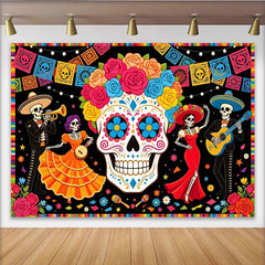 Lofaris Colorful Sugar Skull Mexican Fiesta Backdrop with Dancing Skeletons and Papel Picado, Vibrant Party Decoration for Celebration