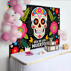 Lofaris Vibrant Dia de los Muertos Backdrop with Colorful Sugar Skull and Floral Patterns, Festive Mexican Holiday Background for Celebration