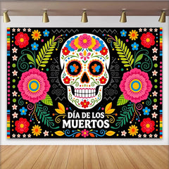 Lofaris Vibrant Dia de los Muertos Backdrop with Colorful Sugar Skull and Floral Patterns, Festive Mexican Holiday Background for Celebration