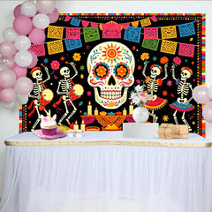 Lofaris Colorful Mexican Fiesta Backdrop with Sugar Skull and Papel Picado, Festive Day of the Dead Photography Background