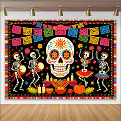 Lofaris Colorful Mexican Fiesta Backdrop with Sugar Skull and Papel Picado, Festive Day of the Dead Photography Background