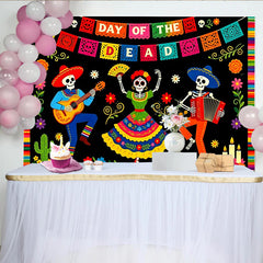 Lofaris Vibrant Day of the Dead Photography Backdrop with Skeletons and Music, Festive Mexican Fiesta Celebration Background for Party Decor