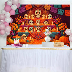 Lofaris Vibrant Dia de Muertos Backdrop with Sugar Skulls and Marigold Flowers, Colorful Altar Background for Mexican Holiday Party Decor