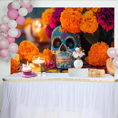 Lofaris Vibrant Mexican Fiesta Backdrop with Sugar Skull and Marigold Flowers, Festive Day of the Dead Background for Party Decor